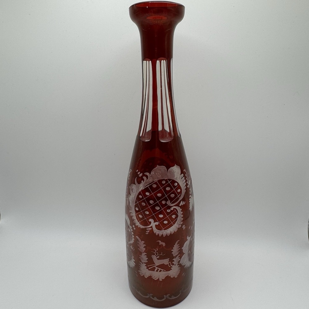 Vintage Bohemian Cranberry Glass‎ Decanter Etched Deer Scenic 12" MCM